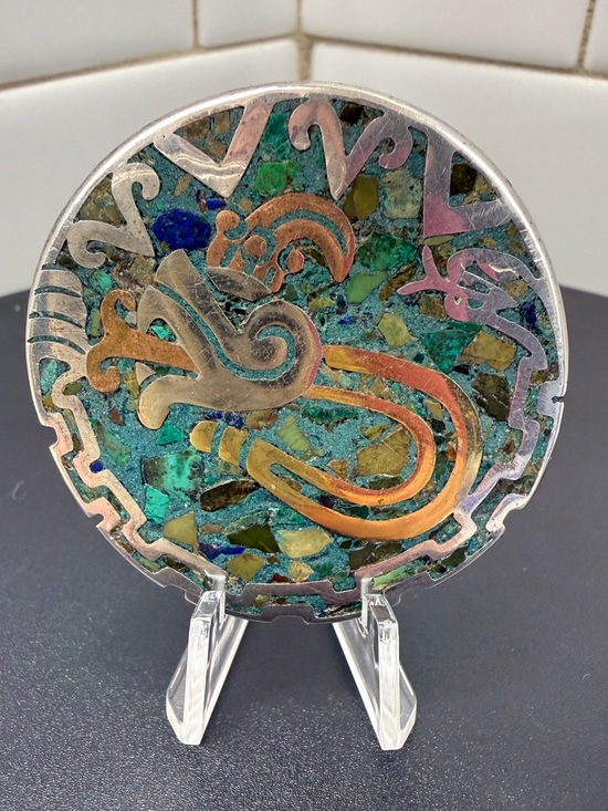 Taxco Jewelry - Vintage Taxco Sterling Silver Mixed Metal Quetzalcoatl Mosaic Inlay Brooch